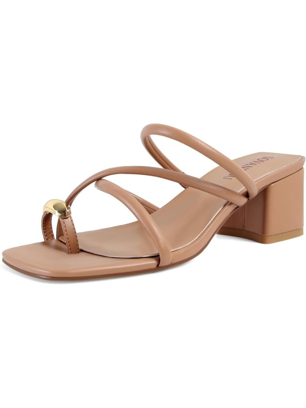 Women's Camel Faux Leather Opened Square Toe  Strappy Toe Ring Sandals Heels